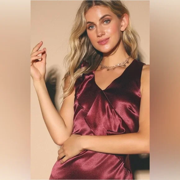 NWT Lulu’s Aubrianna Wine Red Satin Ruffled Mini Dress - Picture 3 of 12